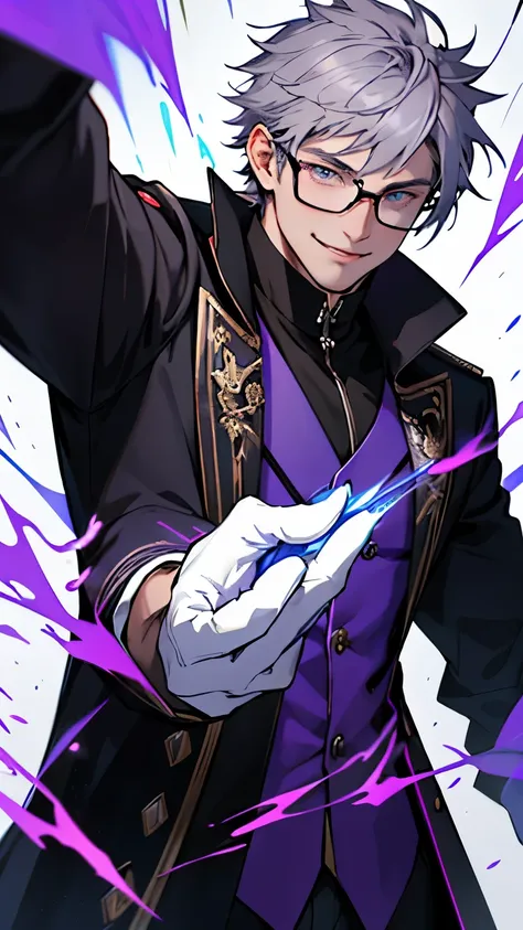 Beautiful young man with gray hair and glasses。eyes are red。Black coat with classic design decorations、white gloves。Grinning, he holds out his right hand and manipulates purple lightning magic.。The background is a purple magic square。Angle from a diagonal