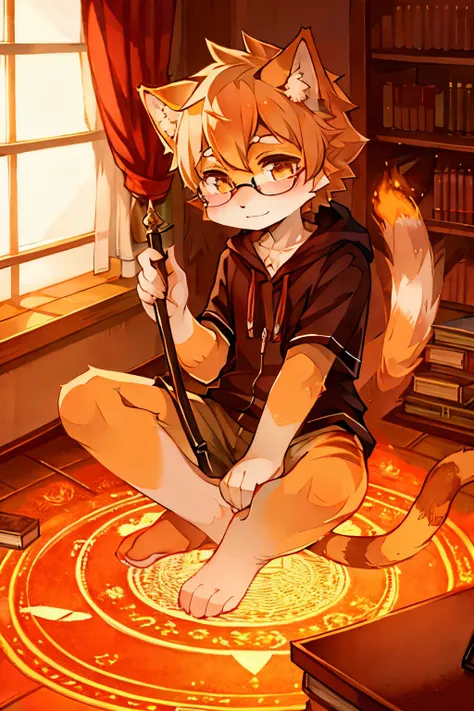 an orange cat，wear glasses，Holding a staff，flame，magic wand，books，six pointed star，magic ball，Shota，cute，magic circle，dim environment，Inside the study