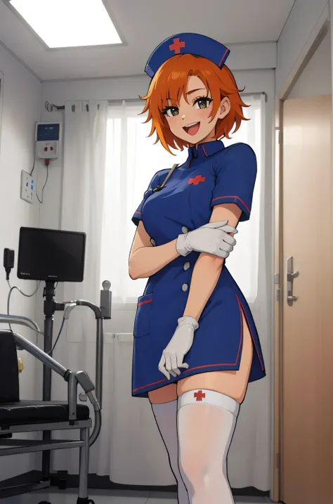 1 girl, alone, nurse, nurse cap, white clothes, ((white legwear, zettai ryouiki)), white gloves, very short hair, orange hair, smile, open your mouth, Are standing, ((hospital room)), sharp outline, short sleeve, Tomboy, boyish, highest quality, masterpiec...