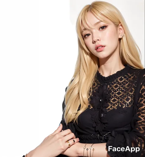 a close up of a woman with long blonde hair wearing a black dress, lalisa manobal, lalisa manoban of blackpink, roseanne park of blackpink, portrait of jossi of blackpink, face with artgram, cl, !face, portrait jisoo blackpink, portrait of female korean id...