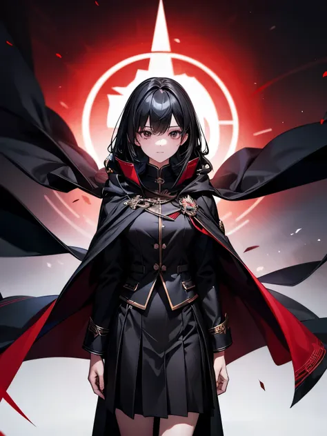 Black hair, black eyes, mysterious, black academy uniform, cool, female, red cloak