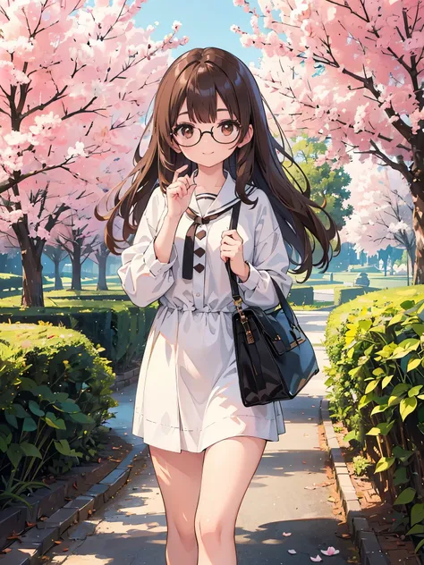 1 woman、brown hair(long)、brown eyes、black round glasses、 best quality、Super detailed、8K resolution、Raw photo、muste piece、seductive 、gorgeous face、perfect body、spring scenery、stroll、smile