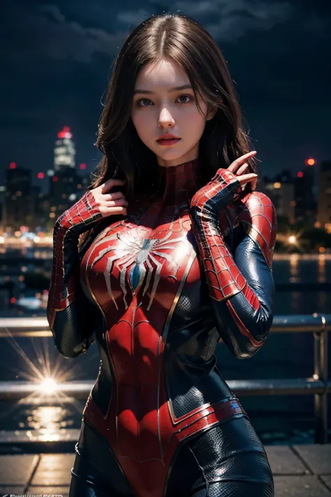 (wear female spiderman_cosplay_clothing:1.1), sky front, nice hands,4k, high resolution, master piece, best quality, head:1.3,((...