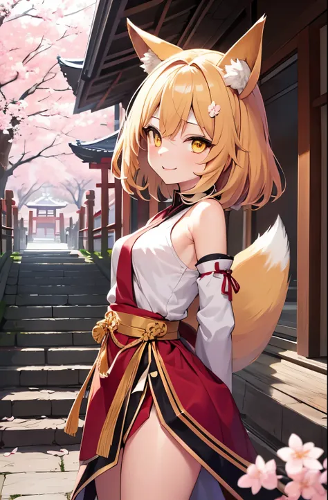 masterpiece, best quality, 1 girl, yellow eyes, medium hair, stairs, Cherry blossoms, temple, fox girl, Detached sleeves, animal ears, happy, Put your arms behind your back,