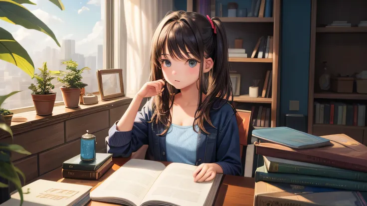 The girl  sitting on the books with her back to us as it expresses "envisioning", she just needs to be a bit older so that she doesnt look so small, but that she is a teenager.