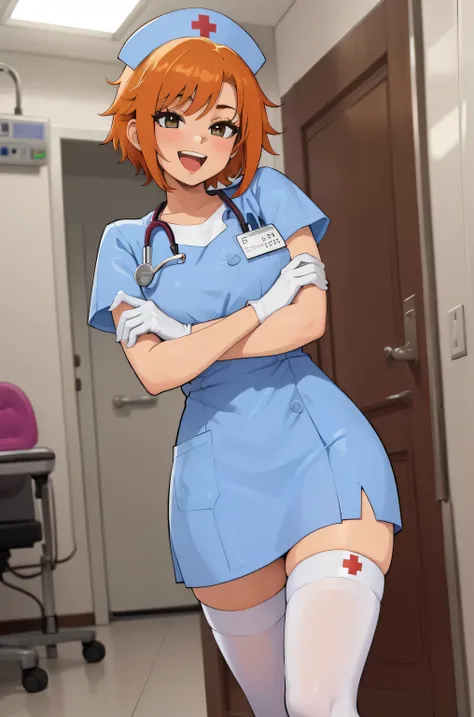 1 girl, alone, nurse, nurse cap, white clothes, ((white legwear, zettai ryouiki)), white gloves, very short hair, orange hair, smile, open your mouth, Are standing, ((hospital room)), sharp outline, short sleeve, Tomboy, boyish, highest quality, masterpiec...