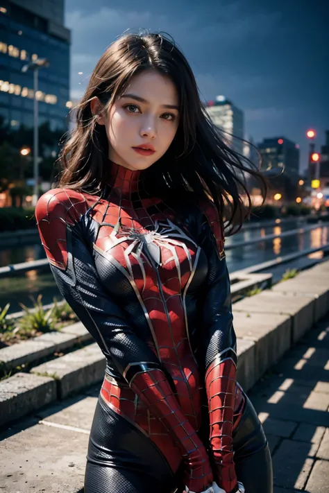 (wear female spiderman_cosplay_clothing:1.1), sky front, nice hands,4k, high resolution, master piece, best quality, head:1.3,((...