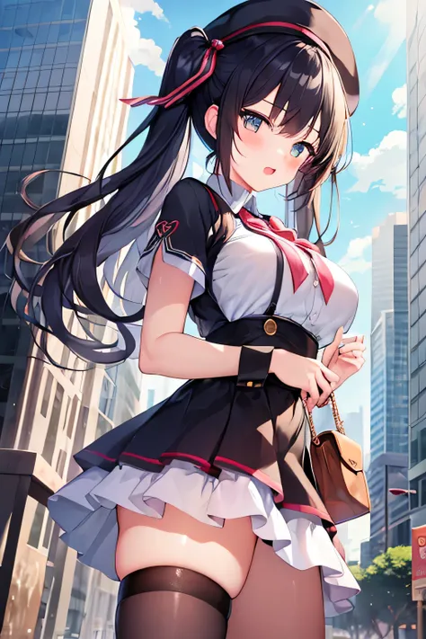 masterpiece、Highest image quality、ultra high resolution、big breasted 、twin tail hairstyle、black hair、red face、shyly、mock、Open your mouth just a little、Short-sleeved women&#39;s clothing that shows the chest、Girls Mini Skirt、girls thigh high socks、girls whi...