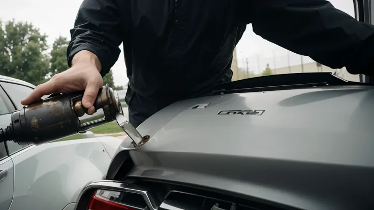 a man pouris a gas can in the gas tank in a car