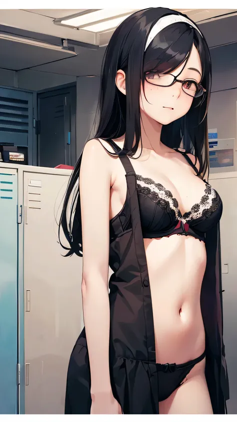 ((((School、locker room、Change of clothes)))、、high school girl、、((((((Taking off your bra))))))(((panties:1.5、flat chest、slender body)))、、low length、((((((Eyes hidden by long bangs:1.2))))))、((([(freckles、long black hair:1.2　hair band))))(((black rim glasse...