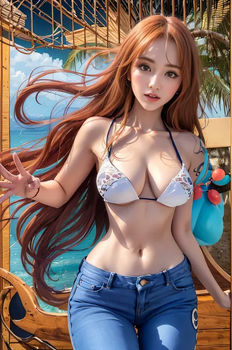 (((masterpiece+highest quality+High resolution+Super detailed))), we(one piece), 絹のようなorange long hair, high nose, clear eyes, noble and inviolable temperament, (([woman]: 1.2 + [beauty]: 1.2 + orange long hair: 1.2)), pirate ship background, (one piece), ...