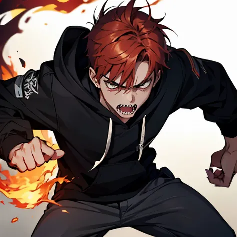 A boy, sharp teeth, angry, short auburn hair, fire, intimidating, furious, manly, hoodie