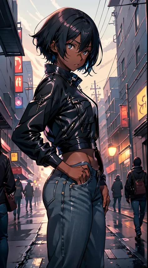 anime scene of a anime black girl standing, street at night, black hood, jeans, by makoto shinkai, by makoto shinkai, makoto shinkai and tom bagshaw, gloomy. by makoto shinkai, greg rutkowski makoto shinkai, rob rey and kentaro miura style, style of makoto...