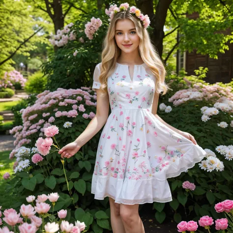 A full-length image of an 18-year-old girl, blonde long wavy hair, slender, fair-skinned, height 167cm, white dres. The girl has mesmerizing blue eyes and rosy cheeks. She has a gentle smile on her face and her lips are softly colored with a light pink lip...