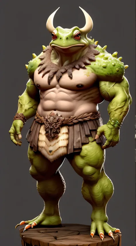 fictional toad creature in human form、whole body, How，Primitive barbarian style，very detailed eye、detailed beautiful face，full length picture，Dynamic poses，White background，Masterpiece，Best quality，better resolution，8K，