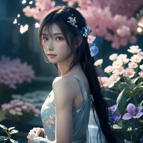 (best quality, highres:1.2), ultra-detailed, realistic, anime, vibrant colors, soft lighting, tranquil atmosphere, delicate petals, ethereal beauty, moonlight, stars, fantasy, dream-like, mystical, serene, magical, gentle breeze, mesmerizing.