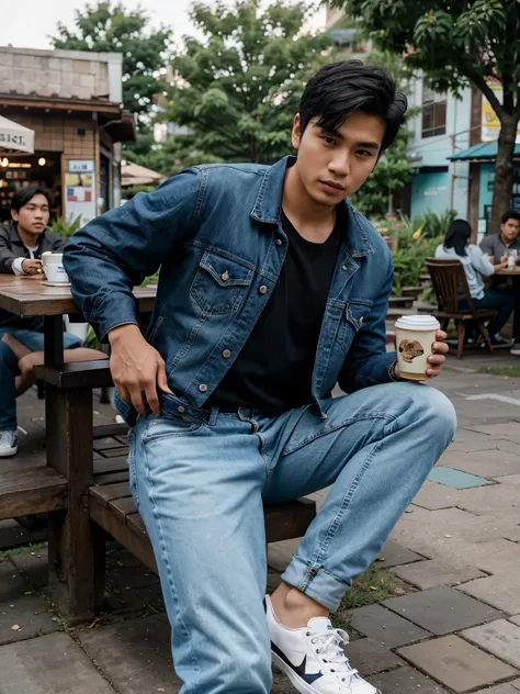 A handsome 25 year old Indonesian man with short black hair, wearing a jacket and blue jeans, wearing sneakers, drinking coffee, outdoor coffee shop, very detailed, cinematic, 8K resolution, calm, photography, ultra HD