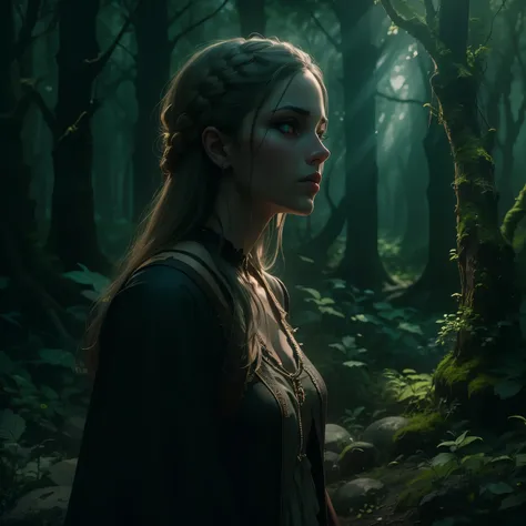 Uma floresta encantada, filme de terror, labirinto do fauno, dark art, dramatic light, Gothic art, cinematic lighting, god rays, ray tracing, UHD, masterpiece, super detail, high details, award winning, the witcher color scheme.