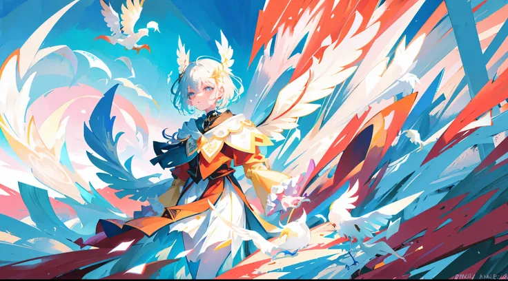 In the ethereal scene of an endless sky, a flock of origami white cranes takes flight. Their delicate paper wings cut against the vivid, tessellated backdrop of a multicolored horizon. The cinematic play of light casts intricate shadows, providing sharp fo...