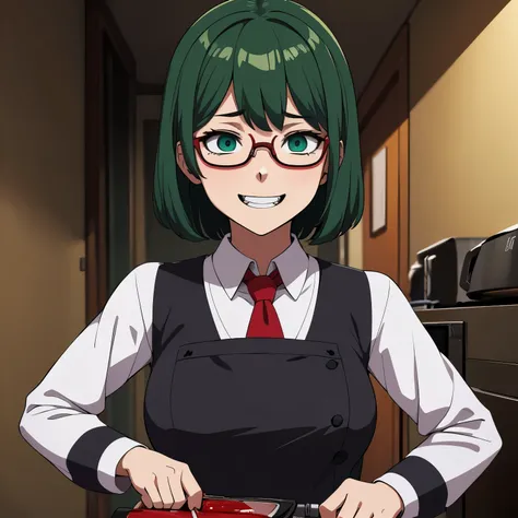 Obra maestra, high resolution, illustration, anime style of a Yandere girl and psychopath with short, dark green hair, her eyes are green and she wears glasses, she wears a  uniform that has drops of blood and she is in a basement smiling maniacally and ma...