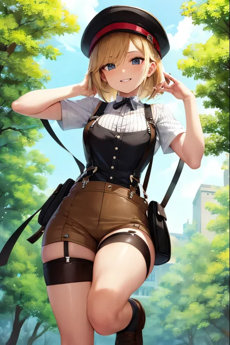 lederhosen(Shorts made of deerskin and suspenders are integrated.)、hat、shirt、socks、shoes、Woman dressed as a man、blonde、German background、happy look、smile、