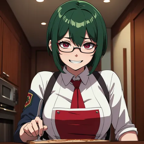 Obra maestra, high resolution, illustration, anime style of a Yandere girl and psychopath with short, dark green hair, her eyes are green and she wears glasses, she wears a uniform that has drops of blood and she is in a basement smiling maniacally and ma...