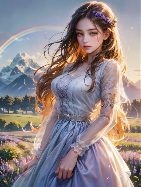 A girl, long hazel wavy, no bangs and green eyes. She wears contemporary clothes, beautiful girl, detailed eyes, detailed face, detailed hands, she looks at the viewer. Full figure. She is into a lavender field. Background mountains with rainbow. 