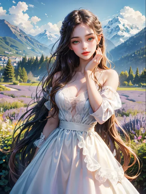 A girl, long hazel wavy, no bangs and green eyes. She wears contemporary clothes, beautiful girl, detailed eyes, detailed face, detailed hands, she looks at the viewer. Full figure. She is into a lavender field. Background mountains with rainbow. 