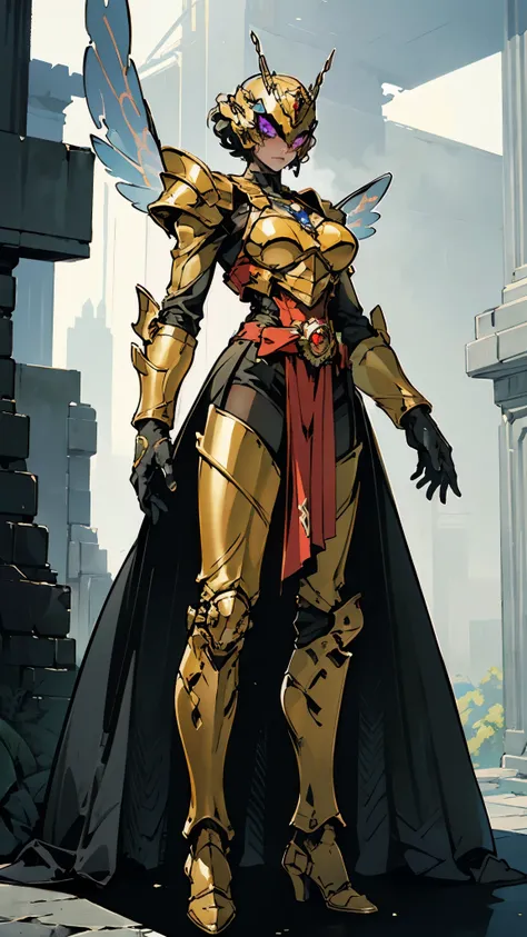 A woman adorned in fantasy-style full-body armor, a crown-concept fully enclosed helmet that unveils only her eyes, a composite layered chest plate, fully encompassing shoulder and hand guards, a lightweight waist armor, form-fitting shin guards, the overa...