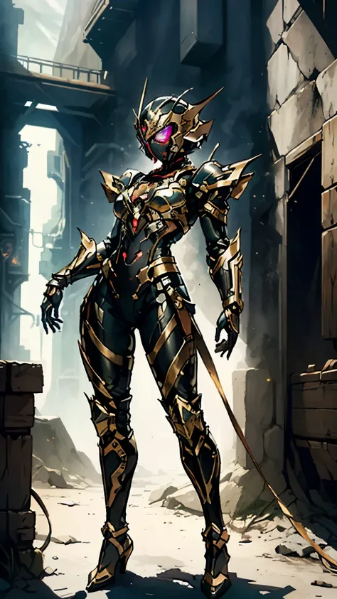 A woman adorned in fantasy-style full-body armor, a crown-concept fully enclosed helmet that unveils only her eyes, a composite layered chest plate, fully encompassing shoulder and hand guards, a lightweight waist armor, form-fitting shin guards, the overa...