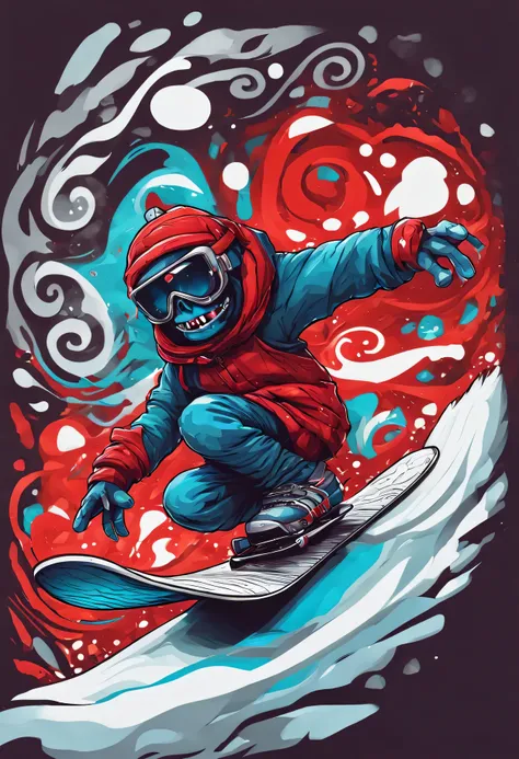 2D, monster, Enjoy snowboarding、spooky,,  (scotty young style:1.3) 
silver and red swirls、An abnormal elemental with an ancient grudge.、masterpiece、highest quality、