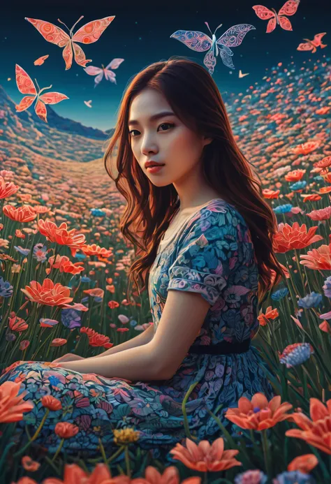 A girl waiting for her lover in a spring flower field、 Scenes are rendered with intricate Zentangle details, similar to origami. The artwork has a cinematic feel, Emotional, and great atmosphere. Colors present a bright and vibrant palette, And the lightin...