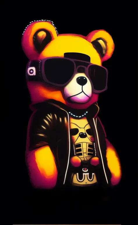 arafed urso Teddy wearing a leather jacket and sunglasses, ( bear wearing sunglasses, parecendo muito legal e estiloso, Frank Kozik, tough look, tijolo de urso, ( ( ( Synthetic wave ) ) ), imagem de perfil, anthropomorphic samurai bear, por Derek Zabrocki,...