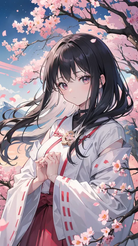 (highest quality, masterpiece),(1 girl, Miko, coat, expression face, black eye, look at the front ,black hair, walk, Upper body), (stray sky at night, huge old tree in the back, Shining pink petals fall behind, shrine in the back, mountain background, blow...