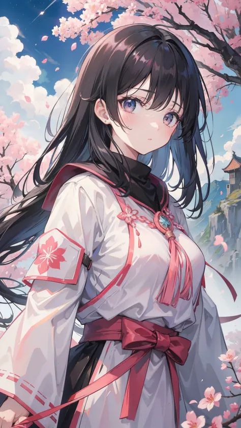 (highest quality, masterpiece),(1 girl, Miko, coat, expression face, black eye, look at the front ,black hair, walk, Upper body), (stray sky at night, huge old tree in the back, Shining pink petals fall behind, shrine in the back, mountain background, blow...