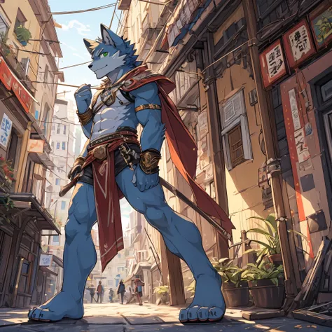 masterpiece, alone, 1 boy, hairy, Kanno, hairy狼, personification, male, green eyes, (blue fur, blue skin), crop top, City, Uploaded to e621