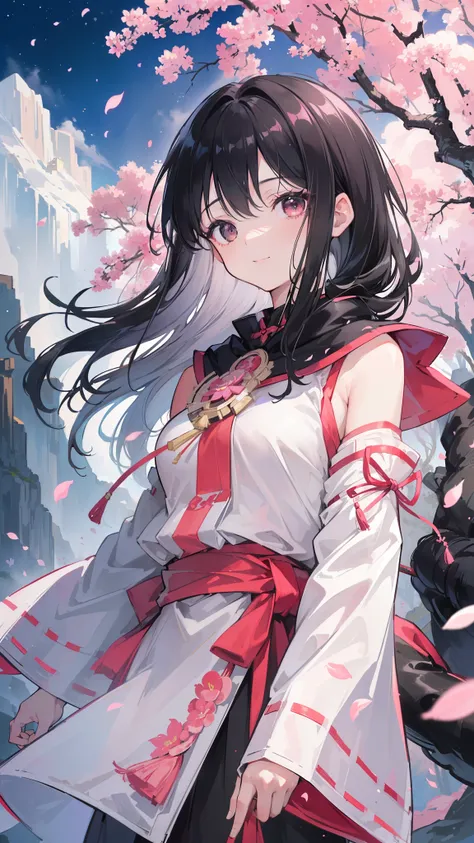 (32k), (highest quality, masterpiece),(1 girl, Miko, coat, expression face, black eye, look at the front ,black hair, walk, Upper body), (stray sky at night, huge old tree in the back, Shining pink petals fall behind, shrine in the back, mountain backgroun...