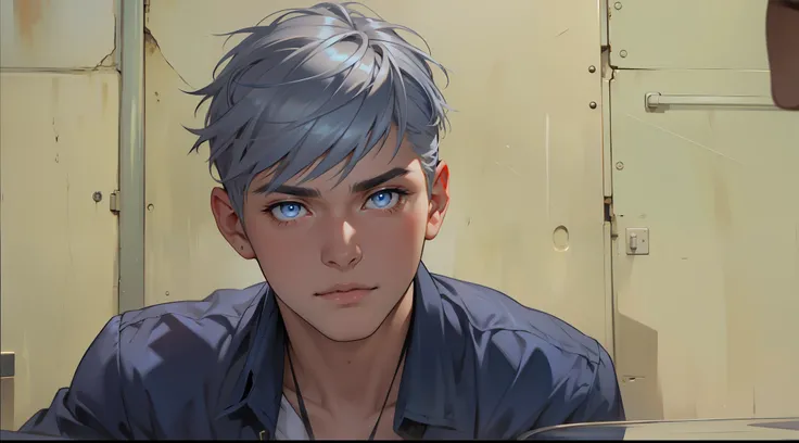 beautiful 16 year old man silver hair blue eyes is talking to someone