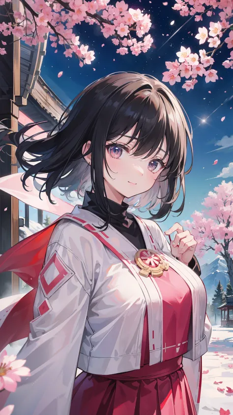 (32k), (highest quality, masterpiece),(1 girl, Miko, coat, expression face, black eye, look at the front ,black hair, walk, Upper body), (stray sky at night, huge old tree in the back, Shining pink petals fall behind, shrine in the back, mountain backgroun...