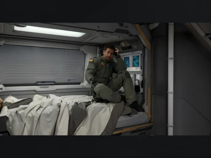 there is a man sitting on a bed in a space ship, resting after a hard mission, sitting sad in spaceship, sci - fi pilot, an astronaut relaxing in space, in a space station, on a space station, on space station, clothed in space suit, spacesuit, star citize...