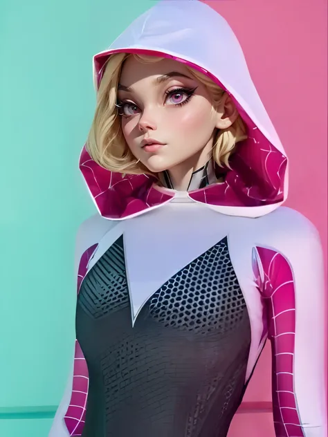 a close up of a woman in a spider - man suit with a hood, spider gwen, spider - gwen, spider-gwen, hologram sci - fi hood, gwen stacy, laserpunk fullbodysuit, ( ( spiderwoman ) ), betty cooper, spider woman, purple transparent sci - fi hood, closeup photo,...