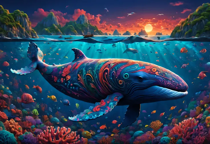 (highest quality, High resolution, super sharp), magic ,Giant whale, anatomically correct whale、Sea, tangled, full color, 3D crunch,colorful coral、masterpiece、highest quality、Mysterious、The artwork has a cinematic feel, Emotional, and great atmosphere. Col...