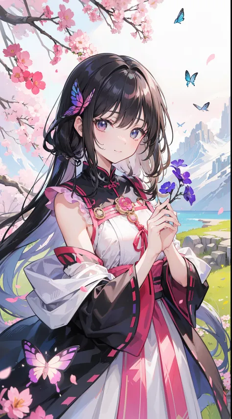 (32k), (highest quality, masterpiece),(1 girl, Miko, coat, expression face, black eye, look at the front ,black hair, walk, Upper body), (stray sky at night, huge old tree in the back, Shining pink petals fall behind, shrine in the back, mountain backgroun...