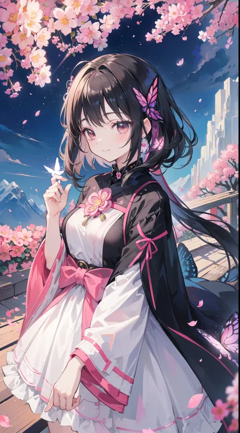 (32k), (highest quality, masterpiece),(1 girl, Miko, coat, expression face, black eye, look at the front ,black hair, walk, Upper body), (stray sky at night, huge old tree in the back, Shining pink petals fall behind, shrine in the back, mountain backgroun...