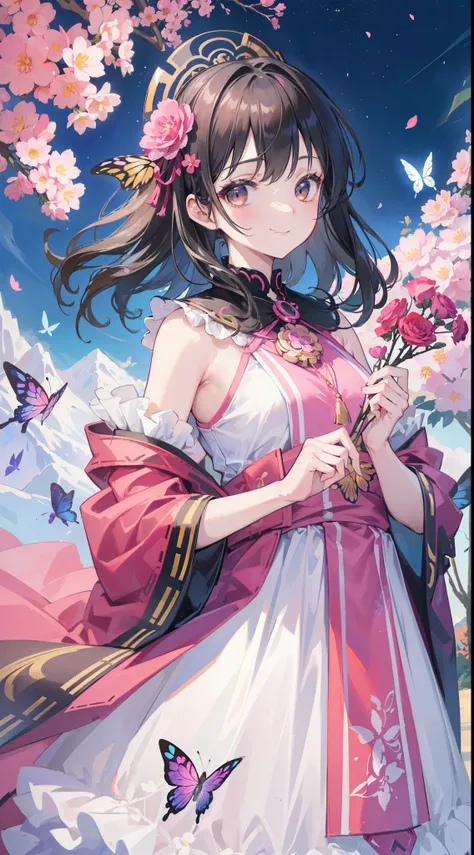 (32k), (highest quality, masterpiece),(1 girl, Miko, coat, expression face, black eye, look at the front ,black hair, walk, Upper body), (stray sky at night, huge old tree in the back, Shining pink petals fall behind, shrine in the back, mountain backgroun...