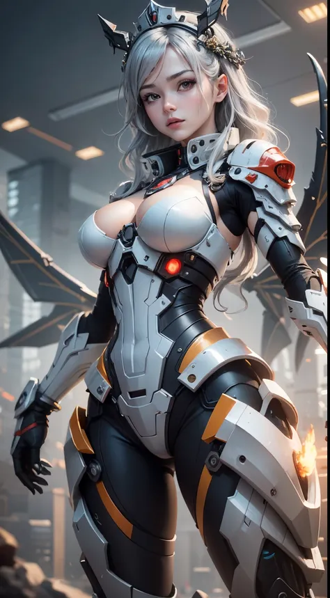 (best quality)), ((masterpiece)), (Very detailed: 1.3), 3d, ((Has huge wings:1.3)),Mecha Chef, Beautiful cyberpunk woman wearing crown, Black and red paint，Comes with futuristic armor, science fiction technology, high dynamic range (high dynamic range), Ra...