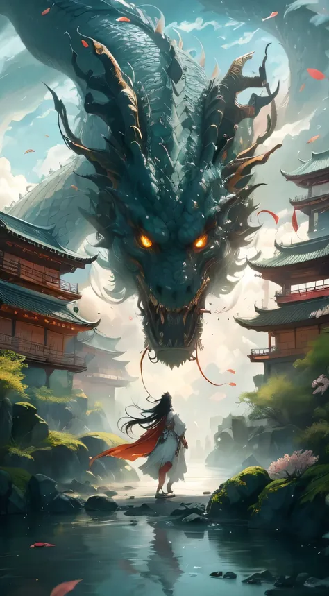 A woman in a white dress stands in front of a dragon, Dragon in the background, Chinese fantasy, author：Yang Jie, Chinese dragon concept art, majestic japanese dragon, dragon girl, People with dragon souls, dragon art, I just saw a huge dragon, dragon god,...