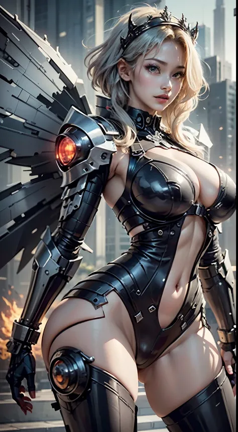 (best quality)), ((masterpiece)), (Very detailed: 1.3), 3d, ((Has huge wings:1.3)),Mecha Chef, Beautiful cyberpunk woman wearing crown, Black and red paint，Comes with futuristic armor, science fiction technology, high dynamic range (high dynamic range), Ra...