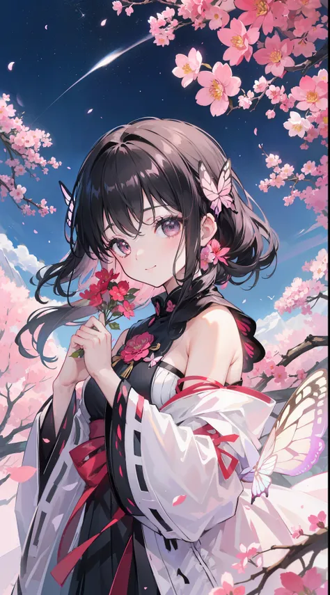 (32k), (highest quality, masterpiece),(1 girl, Miko, coat, expression face, black eye, look at the front ,black hair, walk, Upper body), (stray sky at night, huge old tree in the back, Shining pink petals fall behind, shrine in the back, mountain backgroun...