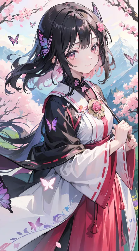 (32k), (highest quality, masterpiece),(1 girl, Miko, coat, expression face, black eye, look at the front ,black hair, walk, Upper body), (stray sky at night, huge old tree in the back, Shining pink petals fall behind, shrine in the back, mountain backgroun...